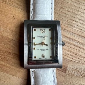 Charles Hubert Paris ladies rectangular white leather dress watch NEW BATTERY
